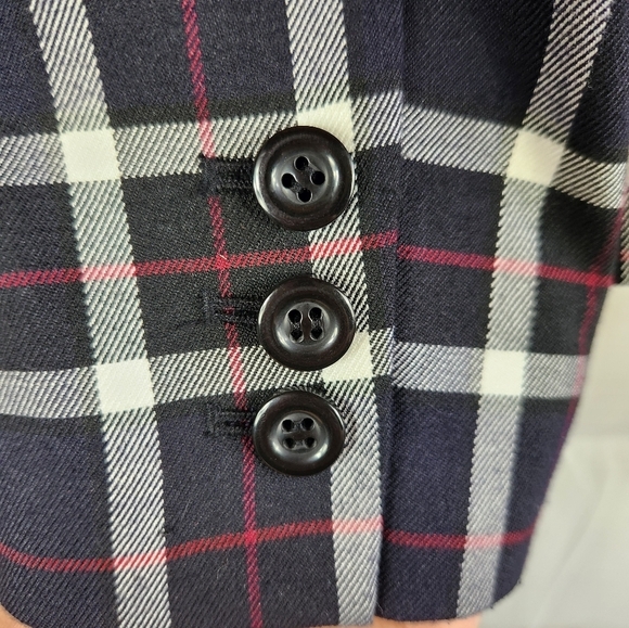 Alice + Olivia Savetta Plaid Windowpane Lamb Leather Elbows Blazer Navy Large - Picture 13 of 16